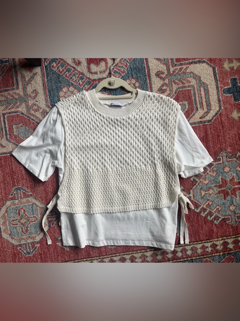 Zara Cream Layered Knit-Front Short Sleeve Tee